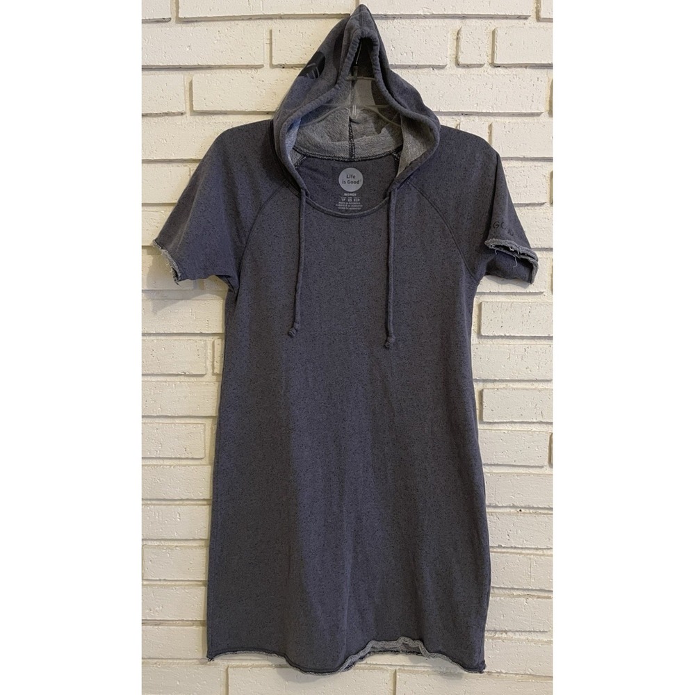 Life Is Good Hooded Dress Women's Sz XS Gray Love Heart Terry Drawstring Raw Hem